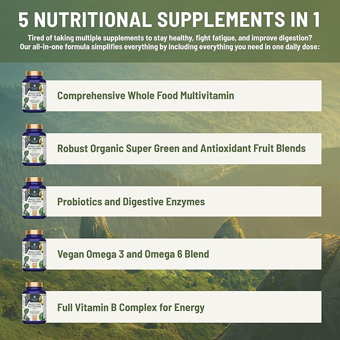 Abundant Earth Whole Food Multivitamin for Women Daily Multi Vitamins Supplements for Men/Mens Multivitamins + B Complex Probiotic Multi Enzyme Omegas for Organic Energy Mood Digestion 90ct