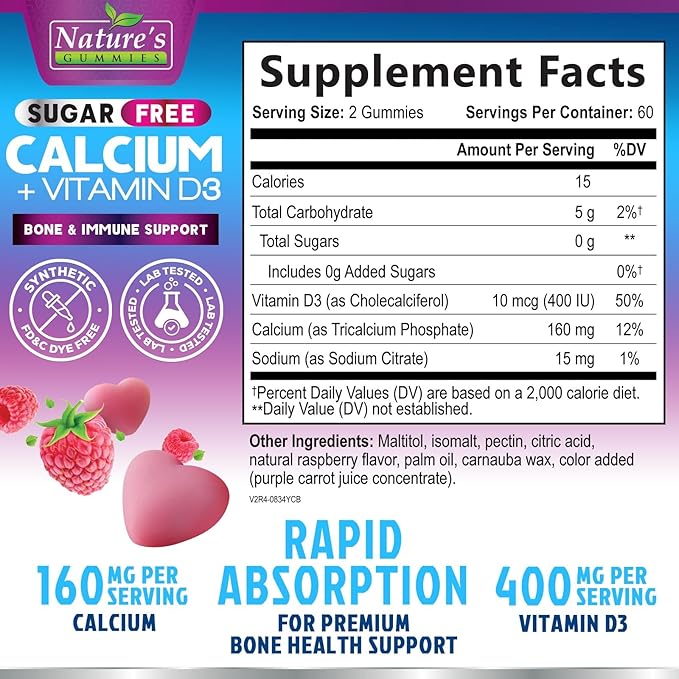 Calcium Supplement Gummies - Sugar Free Calcium Gummy with Vitamin D3 for Best Absorption - Supports Immune Health Bones &amp Teeth - Nature's Calcium Chews for Women &amp Men - Berry Flavor - 120