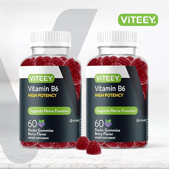 Viteey Vitamin B6 Gummies - Energy Nerve &amp Mood Support - B6 Vitamins 100mg - Vegan Gluten Free GMO Free - 120 Count