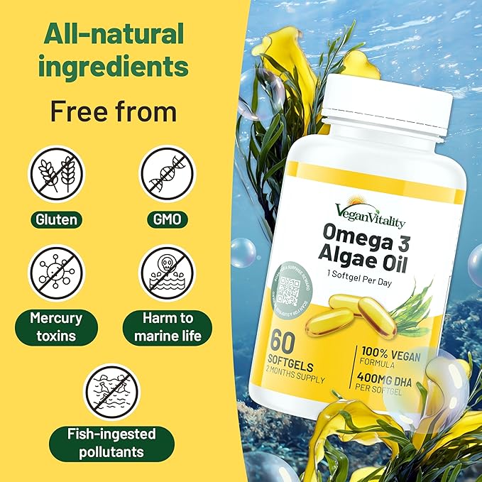 Vegan Vitality Vegan Omega 3 Supplement - 60 Plant Based Algae Oil Soft Gels Essential Fatty Acids with Vegan DHA for Joint Heart &amp Immune Support Without EPA