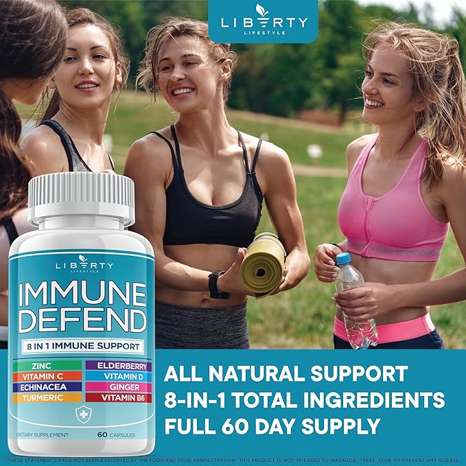 8 in 1 Immune Defense Support Immunity Vitamins Supplement Booster Zinc 50mg Vitamin C Elderberry VIT D3 5000 IU Turmeric Curcumin &amp Ginger Echinacea - Allergy Relief for Kids Adults (2 Pack)