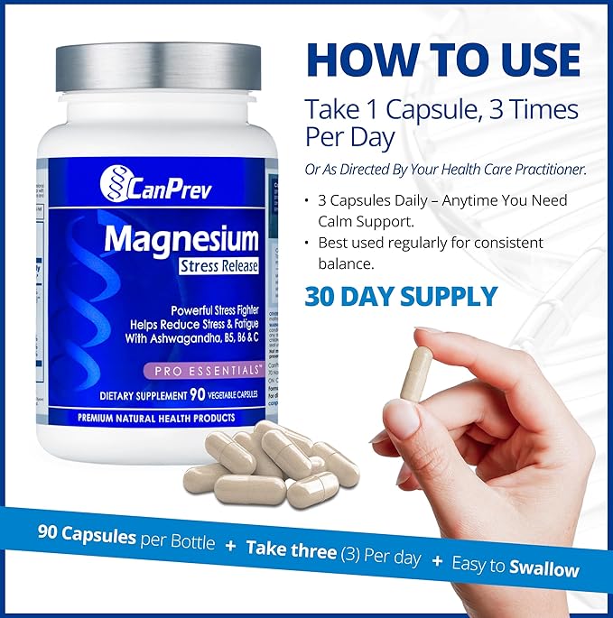 CanPrev Magnesium Bisglycinate with Ashwagandha B5 B6 &amp Vitamin C 90 Veg Caps 30-Day Supply Support Restful Nights &amp Relaxation Helps Energy &amp Immnue Function Vegan Non-GMO Dairy
