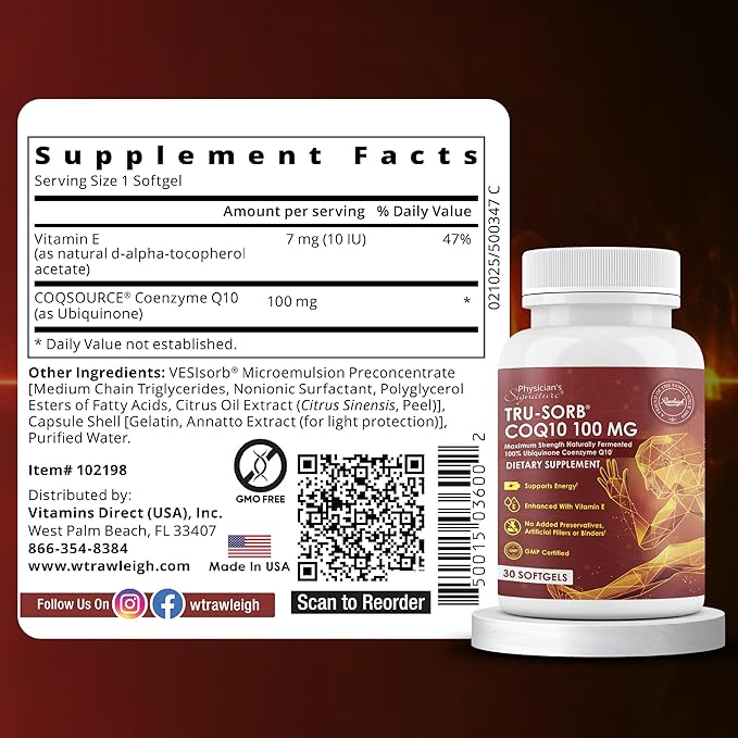 Tru-Sorb Natural COQ10 100mg: 30 Softgels - Supplement with Naturally Fermented 100% High-Potency Coenzyme q10 Ubiquinone Vitamin E 6X Ultra high Absorption for Cellular &amp Heart Health Support
