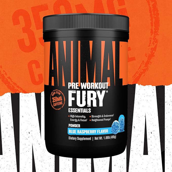 Animal Fury - Pre Workout Powder Supplement for Energy and Focus - 5g BCAA 350mg Caffeine Nitric Oxide Without Creatine - Powerful Stimulant for Bodybuilders - Blue Raspberry