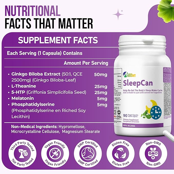SleepCan Capsules 5mg Melatonin with Phosphatidylserine and L-Theanine Pack of 90 Sleep-Wake Cycle Support Supplements Serving Size: 1 Capsule Once Daily