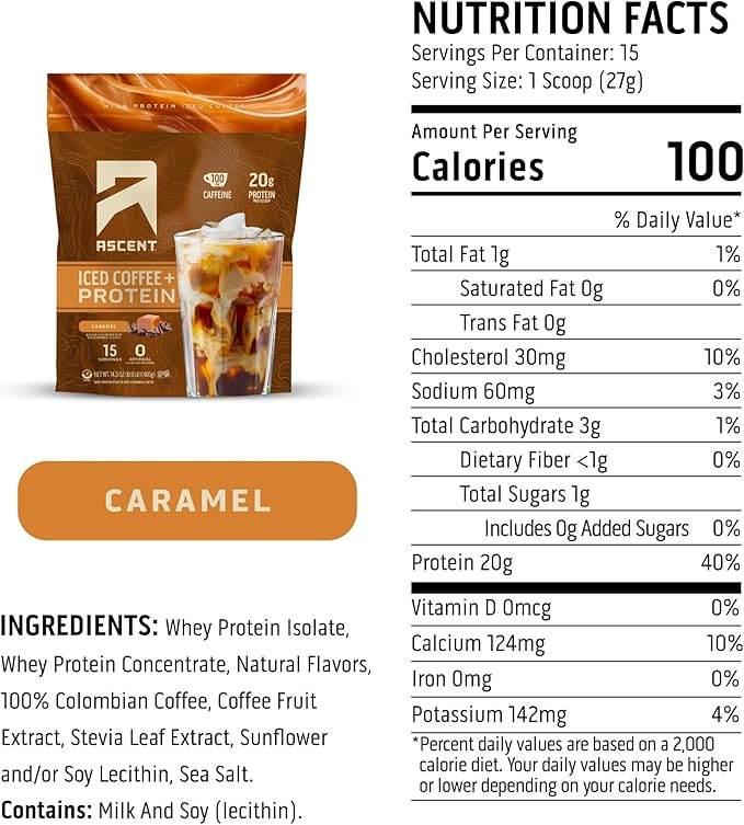 Ascent Caramel Iced Coffee Protein Powder - High Protein Powder 20 g Protein &amp 100 mg Caffeine from Premium Colombian Coffee Zero Artificial Flavors &amp Sweeteners - 15 Servings