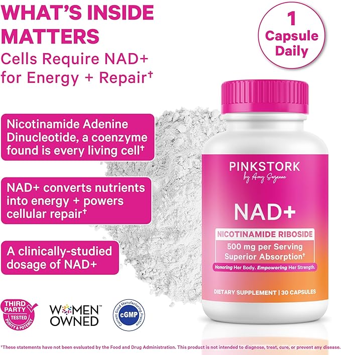 Pink Stork NAD+ Supplement for Women | 500mg Nicotinamide Riboside NR | Clinically-Studied Pure NMN Powder | Brain + Cognitive Support |Energy Skin Essentials Over 30 | 1 Month Supply