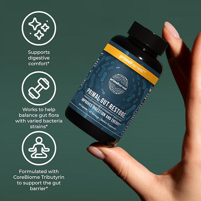 Primal Harvest 2 Pack Restore for Gut Health Primal Gut Restore w/POSTbiotics PREbiotics and PRObiotics for Women and Men 60 CT - Digestion Colon Cleanse Helps Leaky Gut Repair