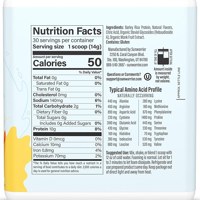 Sunwarrior Clear Protein Powder Plant-Based Water Mix Vegan and Refreshing Protein and Hydration Supplement 10g Per Serving Peach Mango Flavored 420g Tub 30 Servings