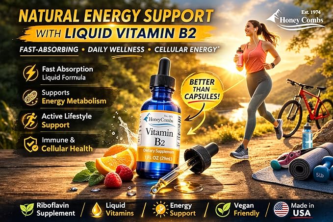 HoneyCombs Riboflavin Vitamin B2 Liquid Drops 500 Percent DV b2 Made in USA Alcohol Free B2 Vitamins Supplement Fast Absorbing Riboflavin Alternative to Capsules for Adult Daily Use