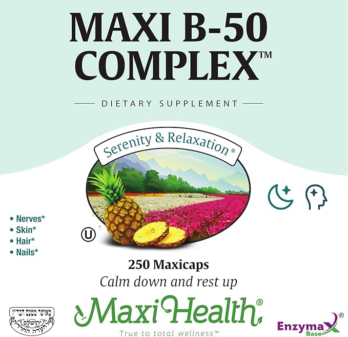 Maxi Health Stress Relief Vitamin B Complex for Women and Men Vitamin B6 B12 Biotin Inositol Folate Vegan Gluten &amp Soy &amp Milk Free Kosher Unflavored 250 Count