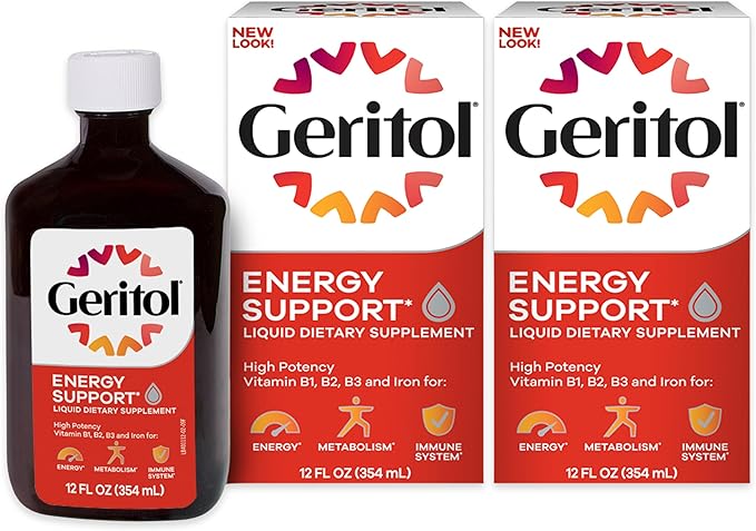 Geritol Liquid Vitamin and Iron Supplement Energy Support Contains High Potency B-Vitamins and Iron Pleasant Tasting Easy to Swallow No Artificial Sweeteners Non-GMO 12 Oz 2 Pack