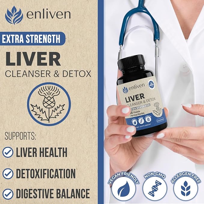 enliven Liver Cleanse Detox &amp Repair Capsules | Natural Liver Support with Milk Thistle Dandelion &amp Artichoke | Promotes Liver Health &amp Digestion | Non-GMO Herbal Supplement | 60 Capsules