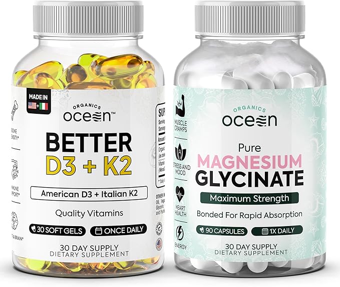 Organics Ocean Muscle Bone Heart &amp Sleep Wellness Bundle – Chelated Magnesium Glycinate with Zinc &amp VIT D3 and K2 Supplements for Muscle Function Calcium Absorption &amp Vascular Health