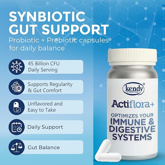 Kendy Actiflora Probiotic + Prebiotic &amp Synbiotic Capsules – Advanced Formula w/L. bulgaricus for Digestive Health &amp Gut Balance – 45-Billion CFU Daily Supplement – 100-Day Supply 100-Caps (1
