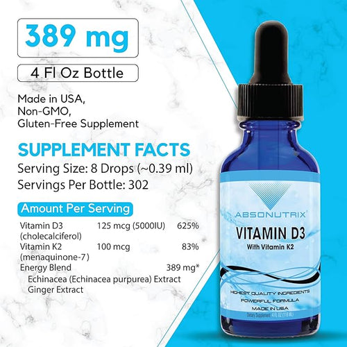 Absonutrix Vitamin D3 K2 Drops 390mg 4 Oz Liquid 302 Servings Made in USA Quick Absorption Quality Potent Ingredients Non-GMO GMP Certified Cruelty-Free Products Bone Strength Supplements