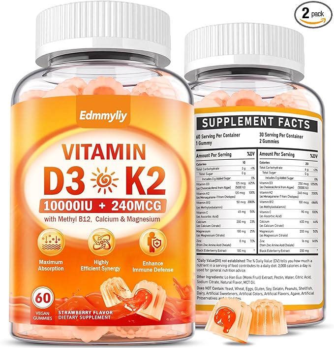 Vitamin D3 Supplement 10000IU for Adult - Vitamin D3 5000IU / 10000IU Gummies with K2 Methyl B12 Calcium Magnesium Zinc and Elderberry for Women &amp Men - Sugar-Free Vegan Vitamin D Gummies
