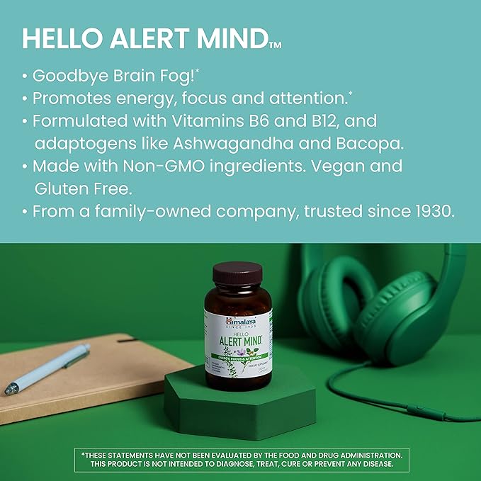 Himalaya Hello Alert Mind with L-Theanine Ashwagandha Bacopa Vitamin B6 &amp B12 for Energy Focus &amp Attention Vegan Gluten Free 60 Capsules