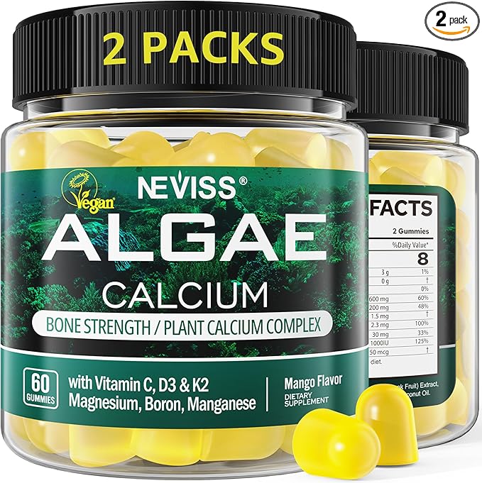 (2 Pack) Calcium Gummies for Women Sugar Free Calcium Supplement from Sustainable Algae (3rd Party Tested) with Vitamin D3 K2 C Zinc Boron Manganese for Bone Strength Calcium Absoption Vegan
