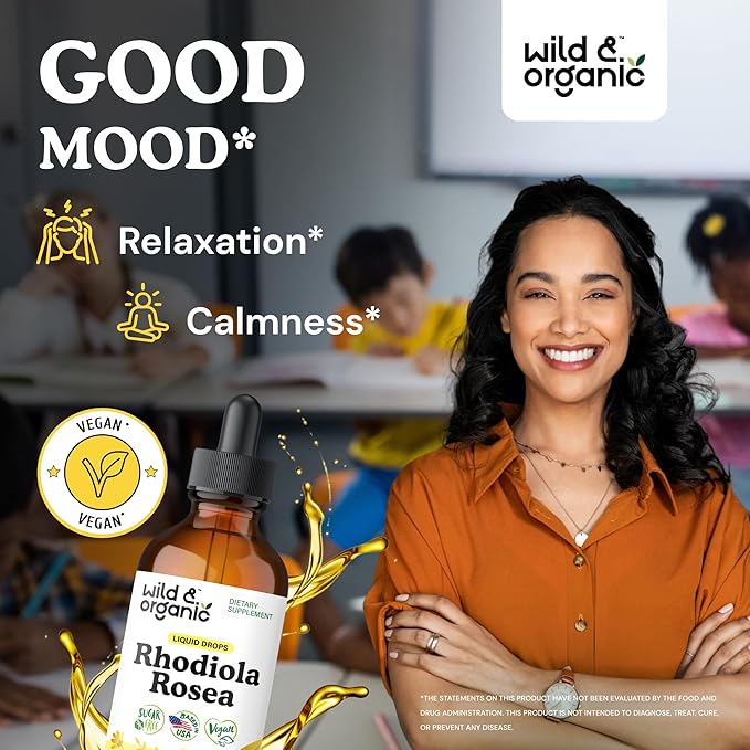 Wild &amp Organic Rhodiola Rosea Tincture - Rhodiola Rosea Supplement for Mood Support - Relaxing Root Extract Liquid Drops - Vegan Sugar &amp Alcohol-Free - 4 fl oz