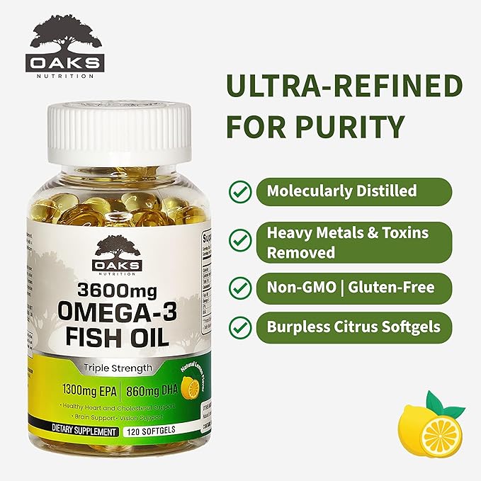 Omega 3 Fish Oil 3600mg | Triple Strength Burpless Softgels | 2160mg Omega-3s with 1300mg EPA &amp 860mg DHA | Ultra Purified Wild Caught Lemon Flavor 120 Softgels 60 Day Supply