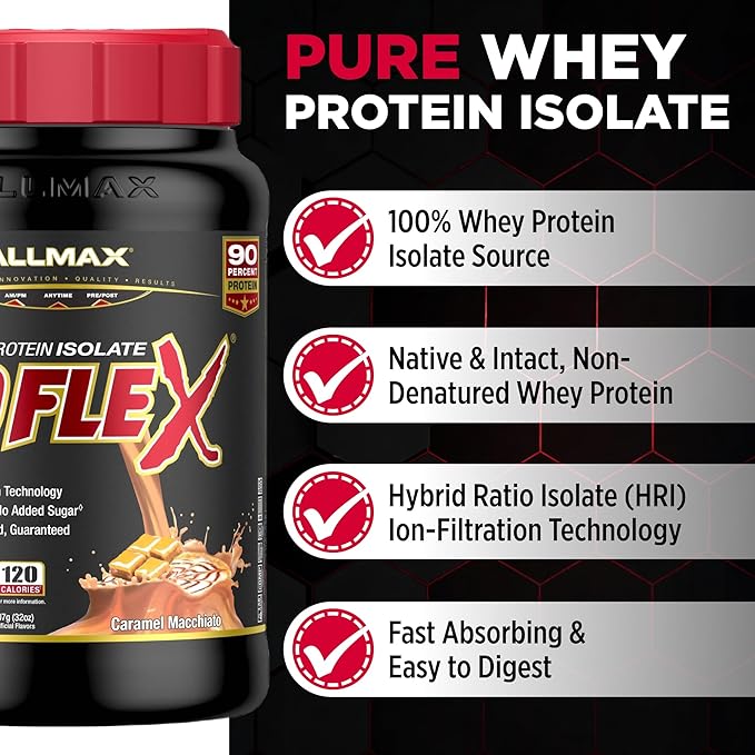 ALLMAX ISOFLEX Pure Whey Isolate Protein Powder - Gluten Free Low Lactose Sugar-Free - High-Protein Clean Keto-Friendly for Pre Post Workout Supplement for Women and Men | Caramel Macchiato 2lb