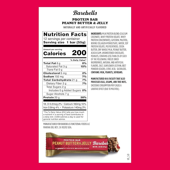 Barebells Protein Bar Peanut Butter &amp Jelly – 12 Count 20g Protein 0g added sugar High Protein Snack Soft Texture – 1.94 oz (55g)