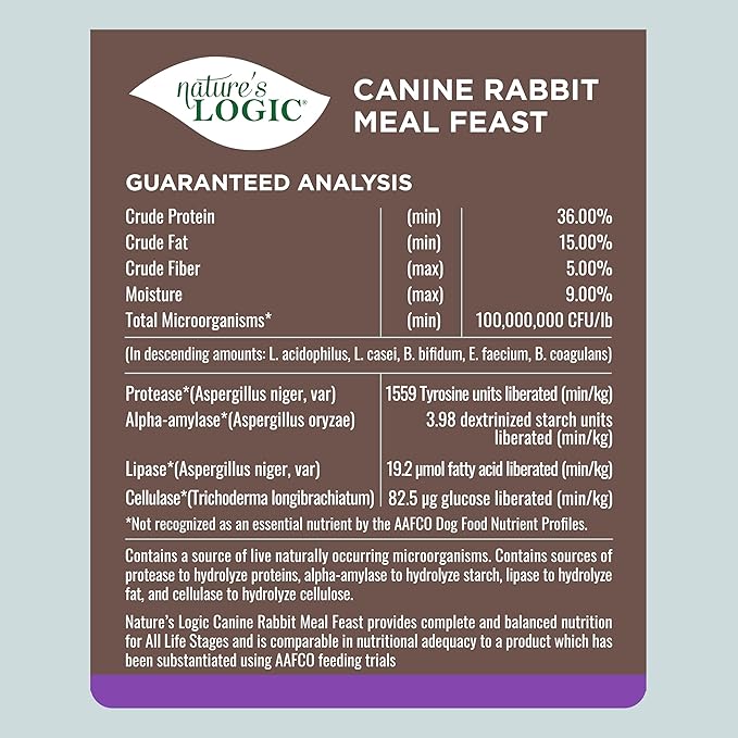 NATURE'S LOGIC Dry Dog Food - 100% Natural - No Synthetics - for All Ages Sizes Breeds - Free from Common Allergens High Protein - Rabbit Meal Feast 25lbs