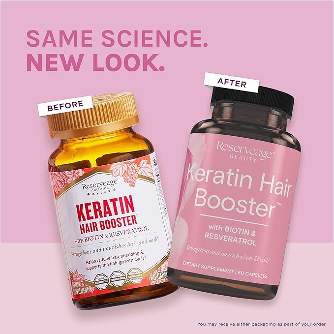 Reserveage Beauty Keratin Hair Booster with Biotin &amp Resveratrol - Hair &amp Nail Growth Supplement for Women - Supports Healthy Thickness &amp Shine with Biotin - 60 Capsules (30 Servings)
