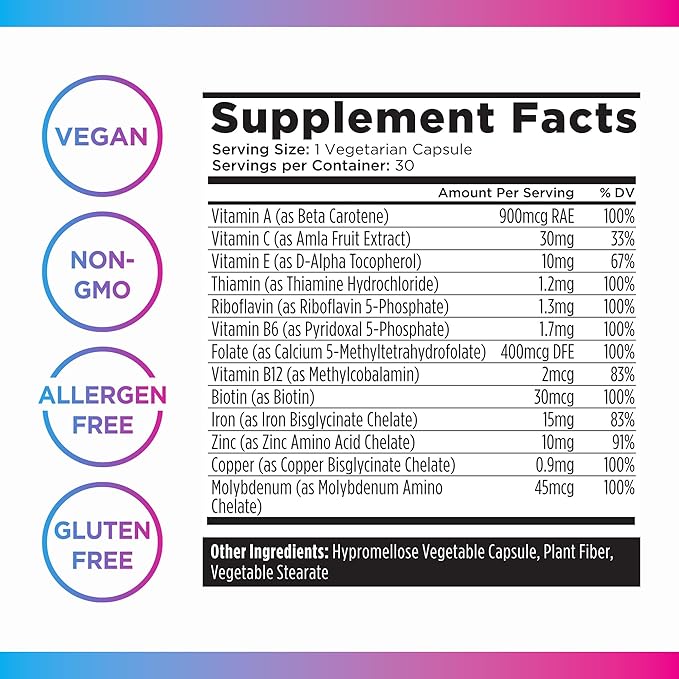 Livingood Daily Iron Supplement for Women &amp Men Blood Support Formula with Chelated Iron Methylated B12 Vitamin C Zinc &amp Folate Vegan Non GMO Gluten Free Allergen Free 30 Capsules
