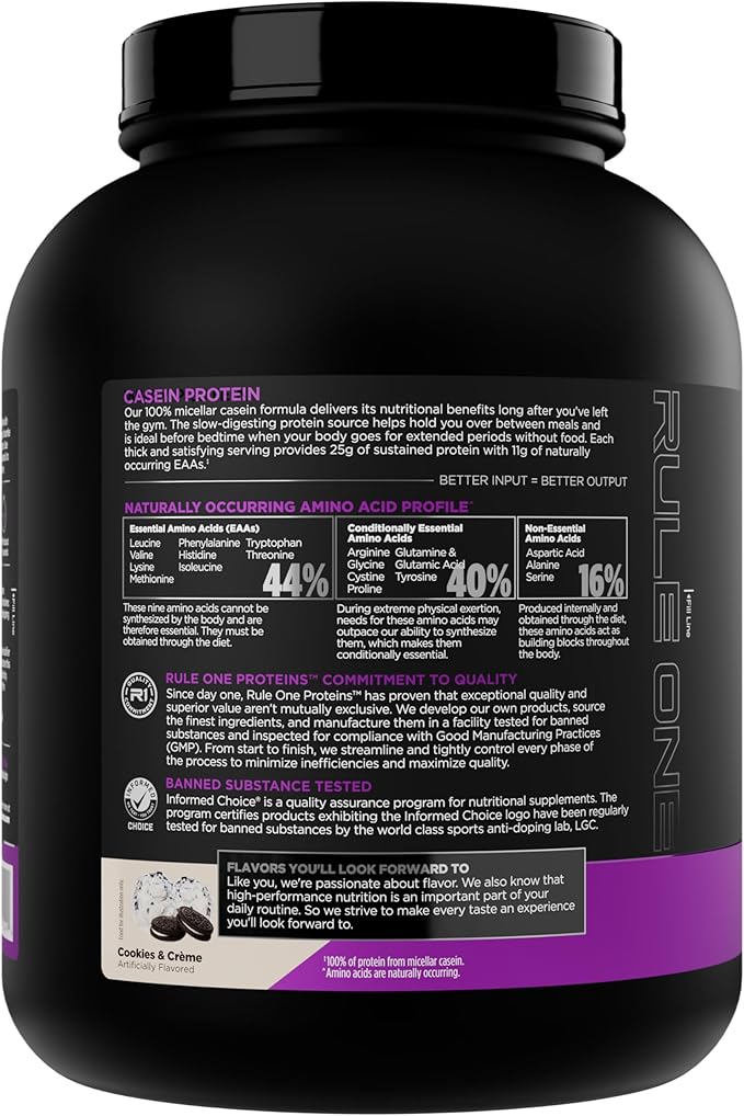 Rule 1 Casein Protein - 25g Protein and 11g EAAs Per Serving from Slow-Release Micellar Casein for Overnight Recovery and Sustained Delivery Between Meals (4 Pounds* Cookies &amp Crème)