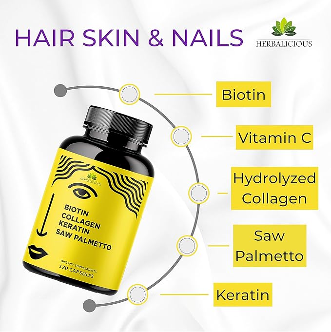 HERBALICIOUS Biotin Collagen Keratin Capsules with Saw Palmetto – Hair Skin Nails Support Formula with Vitamin C – 10000 mcg Biotin – Made in USA – 120 Capsules
