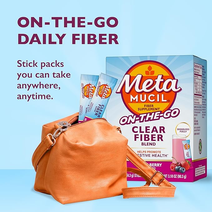 Metamucil Fiber Supplement Clear Mixing Fiber Powder Stick Packs Mixed Berry Flavor On The go Plant Based Prebiotic Fiber Supplement Blend for Daily Digestive Health 21 Stick Packs