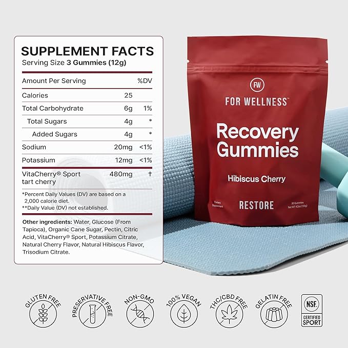 Recovery Gummies Restore - Tart Cherry Gummies for Muscle Recovery - Hibiscus Cherry Flavor with Antioxidants &amp Electrolytes Combats Soreness Boosts Energy - Vegan Non-GMO Gluten-Free - 90ct