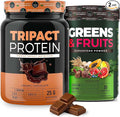 Nutrology Tripact Protein and Greens &amp Fruit Bundle - Premium Nutrition Shake - Non-GMO Grass Fed Whey Protein Naturally Sourced Fruits Vegetables Greens - Chocolate