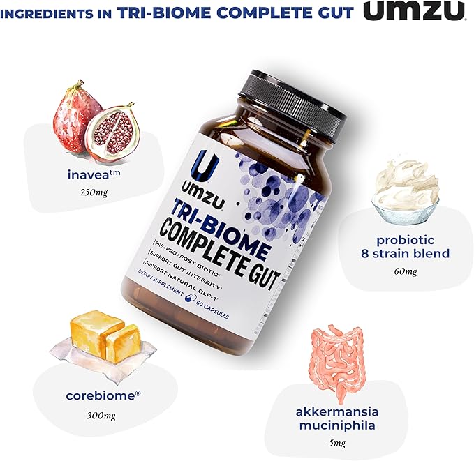 UMZU Tri-Biome Complete (30 Day Supply) – 3 in 1 Probiotic Prebiotic Postbiotic Capsules with Akkermansia and CoreBiome – Probiotic for Adults Gut Balance Stomach Probiotics and Complete Gut Health