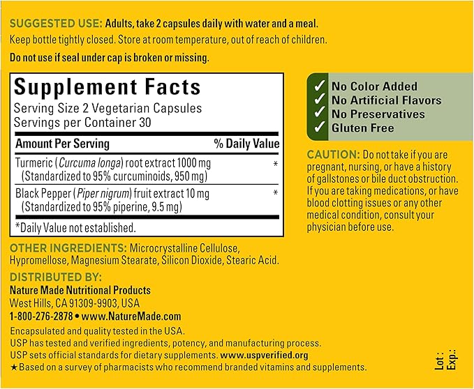Nature Made Extra Strength Turmeric Curcumin with Black Pepper 1000mg Turmeric Extract per serving (Standardized to 95% Curcuminoids) Supports Healthy Inflammation Response 60 Vegetarian Capsules
