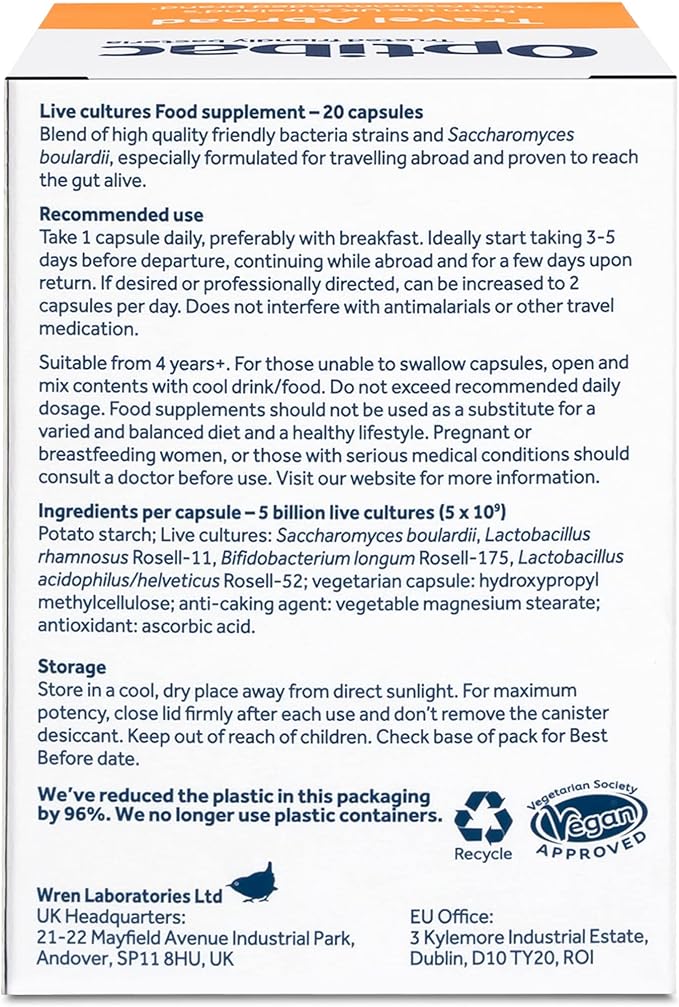 Optibac Probiotics for Travelling Abroad PMP UK 20 Vegetarian Capsules