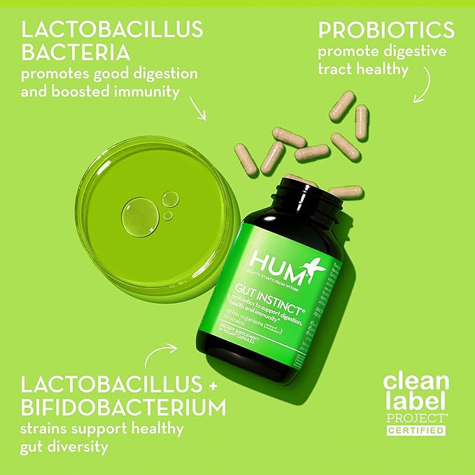 HUM Gut Instinct Daily Probiotics for Women and Men Digestive Health Lactobacillus Bifidobacterium Strains for Immune Support Probiotic Supplement for Healthy Gut Diversity 90 Capsules