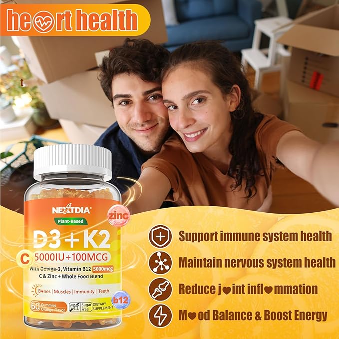 Vitamin D3 K2 Gummies 5000IU / 10000 IU with Omega-3 250mg + K2(MK-7) 100mcg - 5X Absorption Than Standard D3K2with Vitamin C Zincand 5 Organic VegetablesSupports Bone &amp Teeth Strength Immun
