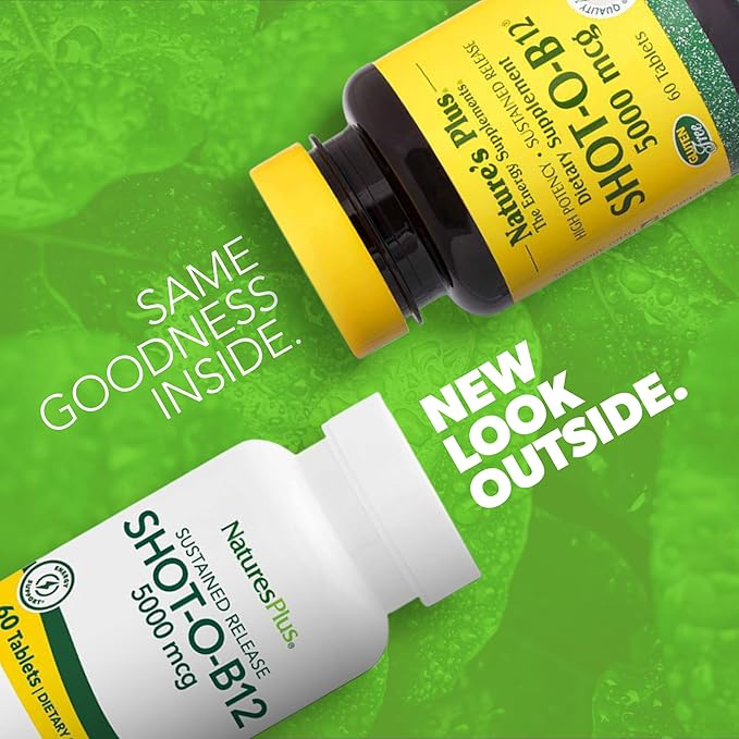 NaturesPlus Shot-O-B12 5000 mcg - 60 Sustained Release Tablets Pack of 2 - Supports Energy Production &amp Mood - Vegetarian Gluten Free - 120 Total Servings