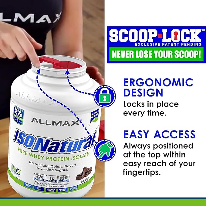 ALLMAX ISONATURAL Whey Protein Isolate Chocolate - 5 lb - 27 Grams of Protein Per Scoop - Zero Fat &amp Sugar - 99% Lactose Free - with Prebiotics - No Artificial Flavors - Approx. 73 Servings