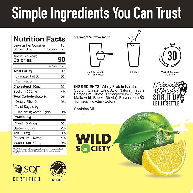 WILD SOCIETY - Clear Protein Powder + Electrolytes - 20g Clear Whey Protein Isolate Drink - Zero Sugar - 0g Lactose - Natural Flavors &amp Colors - Muscle Post Workout Recovery - Lemon Lime 16 oz