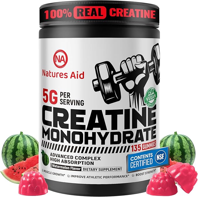 Natures Aid NSF Certified Creatine Gummy 5g - Creatine Monohydrate Gummies – Pre-Workout Energy &amp Muscle Growth Support for Men &amp Women | Watermelon Electrolyte Gummies (135 Count)