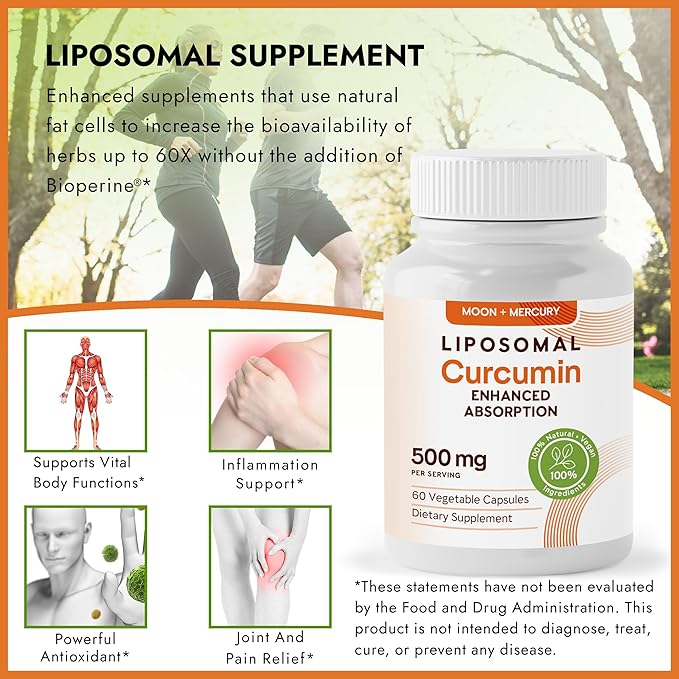 Liposomal Turmeric Curcumin Supplement - High Absorption Capsules for Immune &amp Joint Support - Non-GMO No Fillers No Additives No Black Pepper - 500mg Per Serving - 60 Capsules
