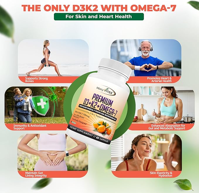 MoxyVites Vitamin D3 K2 5000 IU – High Absorption D3 + K2 MK-7 with Sea Buckthorn Oil &amp Omega-7 – Bone Heart &amp Immune Support for Women &amp Men – 60 Vegan Capsules