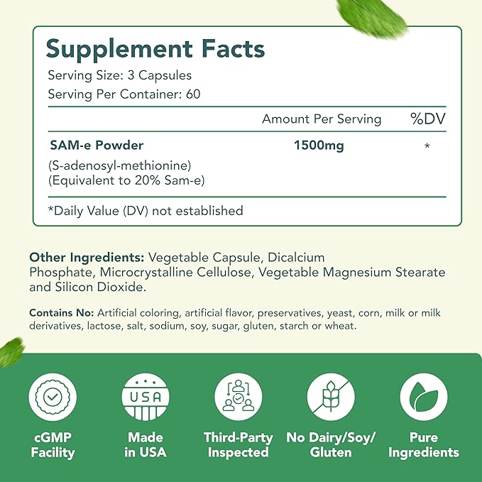 1500mg SAM-e Supplement - High Strength S-Adenosyl-L-Methionine Capsules 1500mg per Serving for Brain Liver and Mood Support - Non-GMO High Absorption Same Supplement (60 Servings)