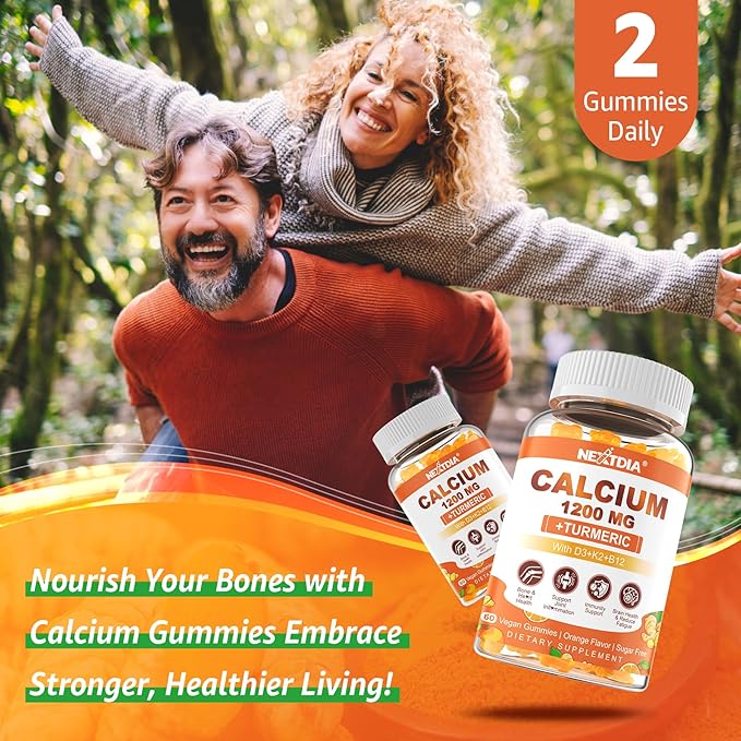 Calcium Gummies with Turmeric for Women &amp Men - Calcium 1200mg with Vitamin D3 K2 B12 5000 IU &amp Zinc Suger-Free Calcium Supplement for Bone Muscle Strength &amp Immune Support - Vegan(120 C