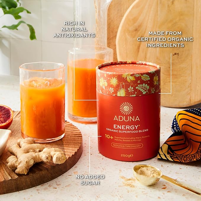 Aduna Organic Energy Superfood Blend | 100% Natural Stir-in Blend With 10+ Superfoods for Natural Energy Focus &amp Reduced Tiredness | Vegan Powder for Yogurt Juices &amp Smoothies | 250g