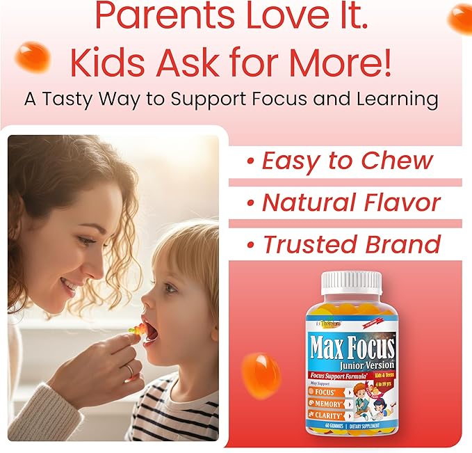 Max Focus Gummies for Kids &amp Teens | Omega 3 for Kids Gummies | DHA Kids Vitamin Gummies for Brain Support | Teen Vitamin | Concentration &amp Learning Support for Children Pre-Teens – 60 Gummie